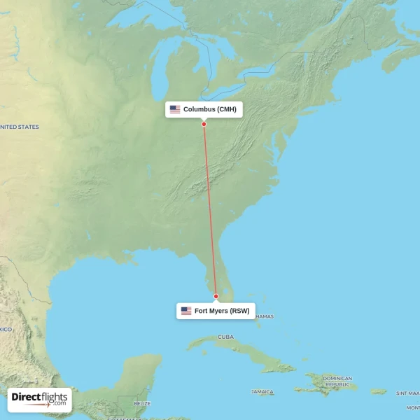 Fort Myers - Columbus direct flight map