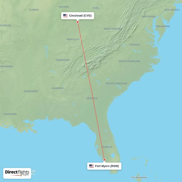 Fort Myers - Cincinnati direct flight map