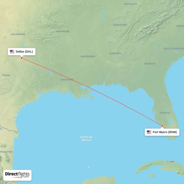 Fort Myers - Dallas direct flight map
