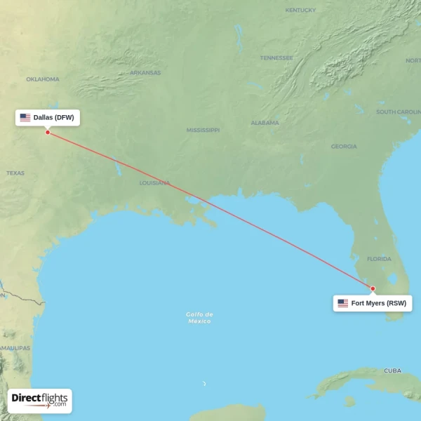Fort Myers - Dallas direct flight map