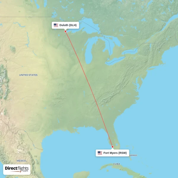 Fort Myers - Duluth direct flight map