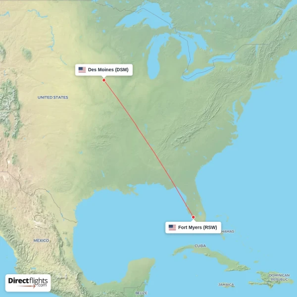 Fort Myers - Des Moines direct flight map