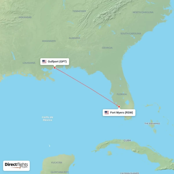 Fort Myers - Gulfport direct flight map