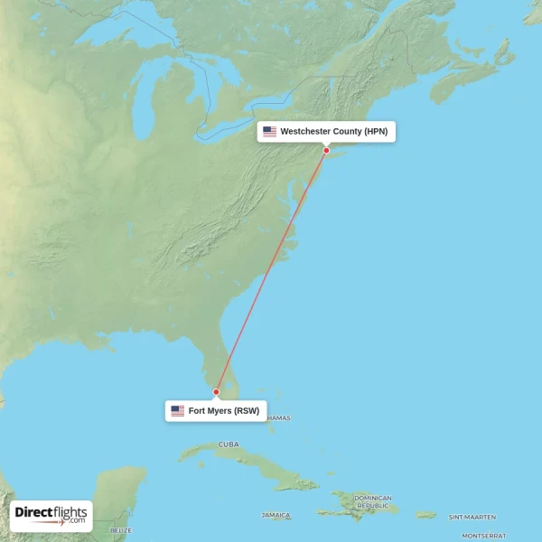 Fort Myers - Westchester County direct flight map