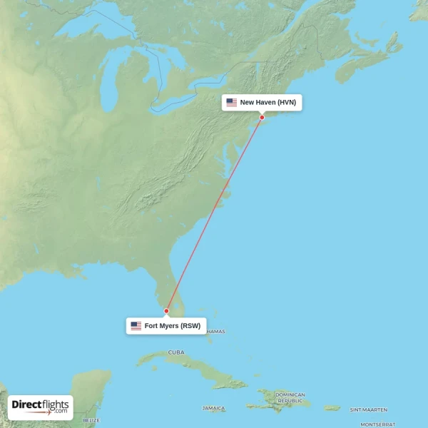 Fort Myers - New Haven direct flight map