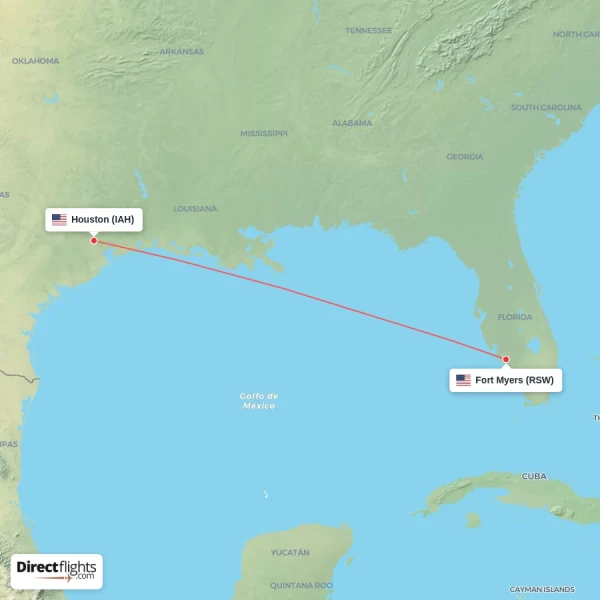 Fort Myers - Houston direct flight map