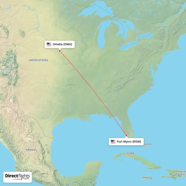 Fort Myers - Omaha direct flight map