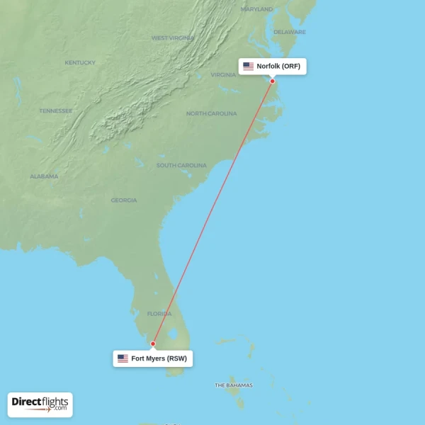 Fort Myers - Norfolk direct flight map