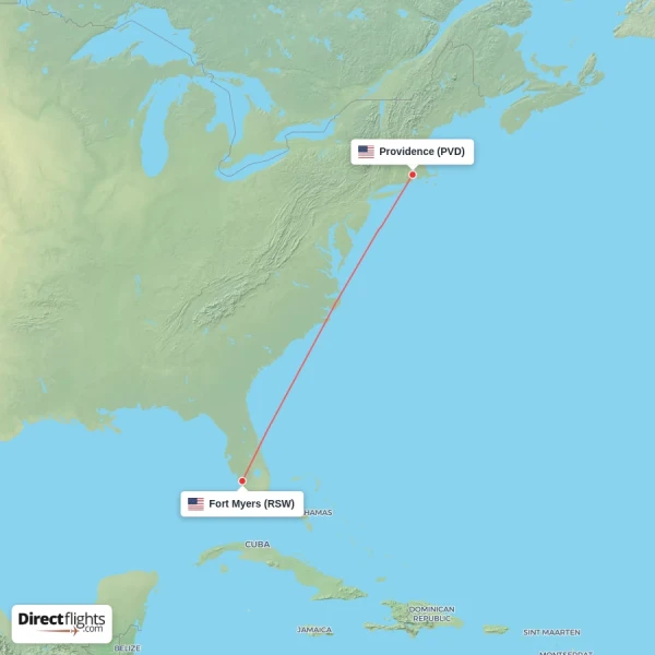 Fort Myers - Providence direct flight map