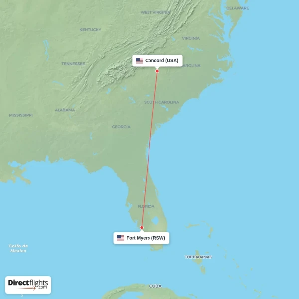 Fort Myers - Concord direct flight map