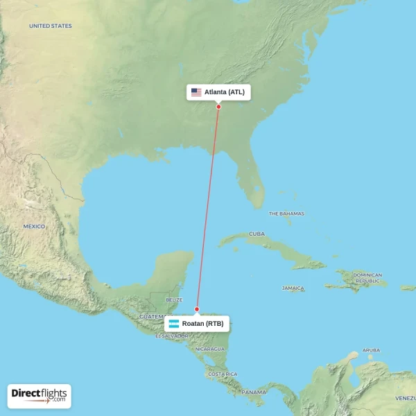 Roatan - Atlanta direct flight map