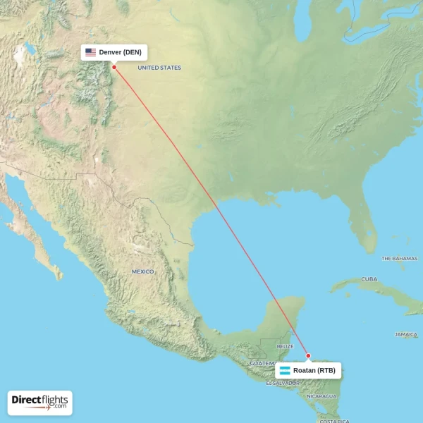 Roatan - Denver direct flight map