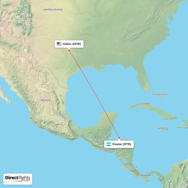 Roatan - Dallas direct flight map