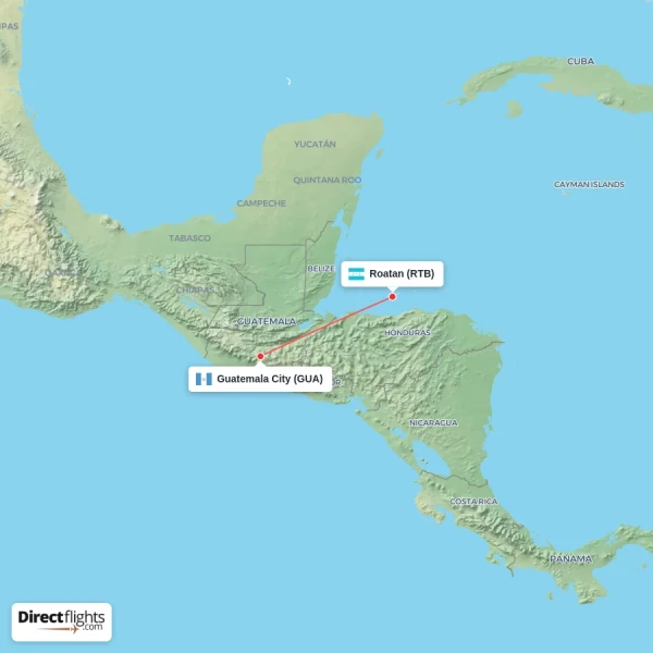 Roatan - Guatemala City direct flight map