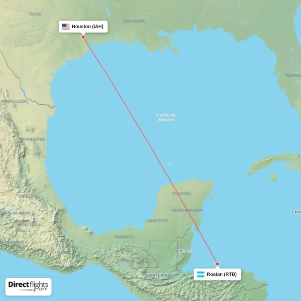 Roatan - Houston direct flight map