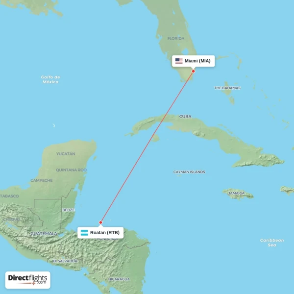 Roatan - Miami direct flight map