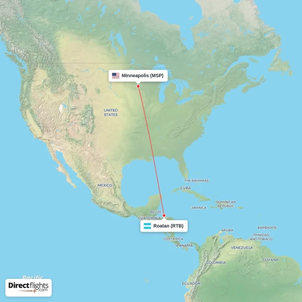 Roatan - Minneapolis direct flight map