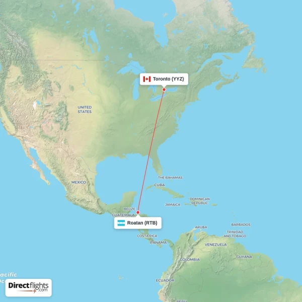 Roatan - Toronto direct flight map