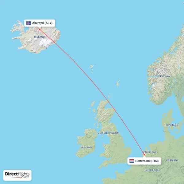 Rotterdam - Akureyri direct flight map