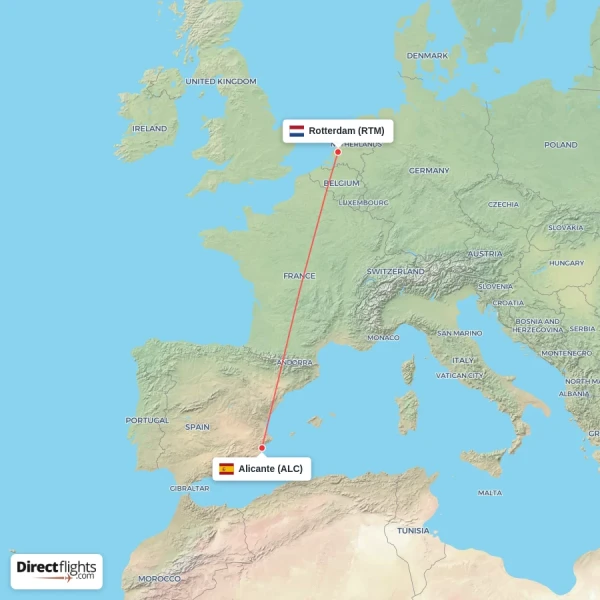 Rotterdam - Alicante direct flight map