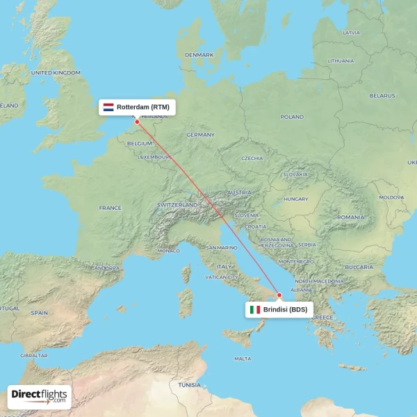 Rotterdam - Brindisi direct flight map
