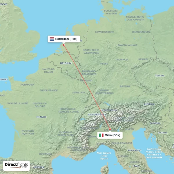 Rotterdam - Milan direct flight map