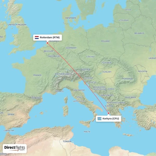 Rotterdam - Kerkyra direct flight map