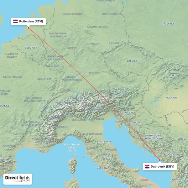 Rotterdam - Dubrovnik direct flight map