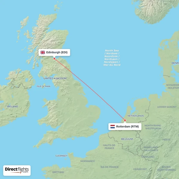 Rotterdam - Edinburgh direct flight map
