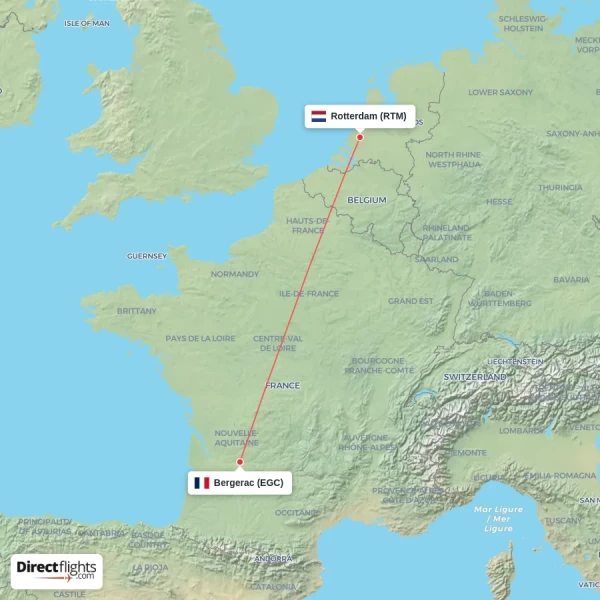 Rotterdam - Bergerac direct flight map