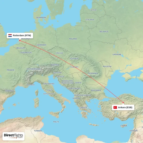 Rotterdam - Ankara direct flight map