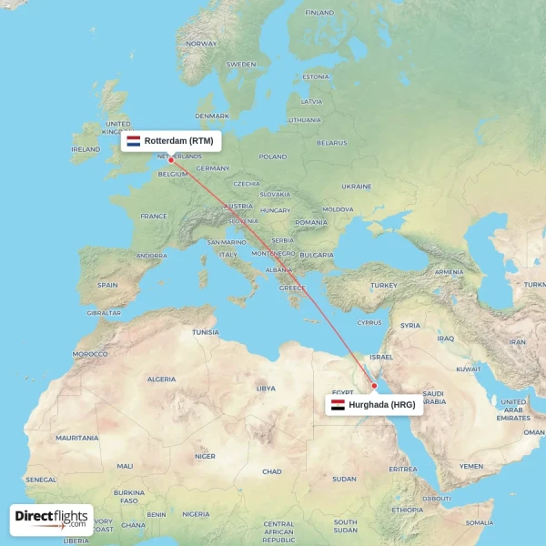Rotterdam - Hurghada direct flight map