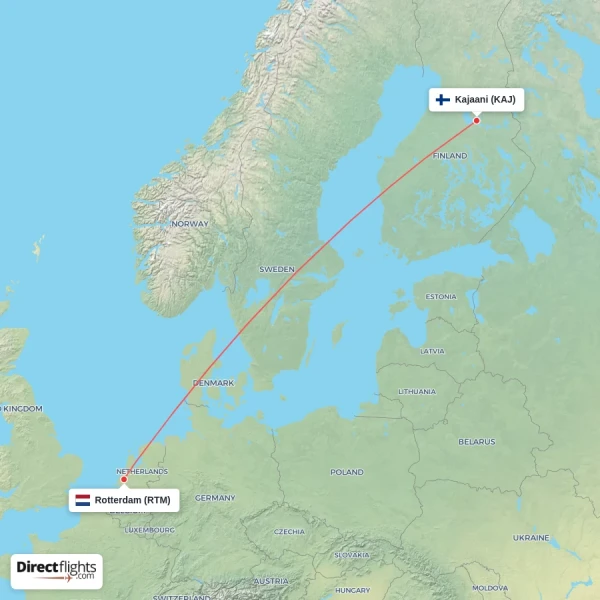 Rotterdam - Kajaani direct flight map