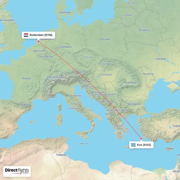 Rotterdam - Kos direct flight map