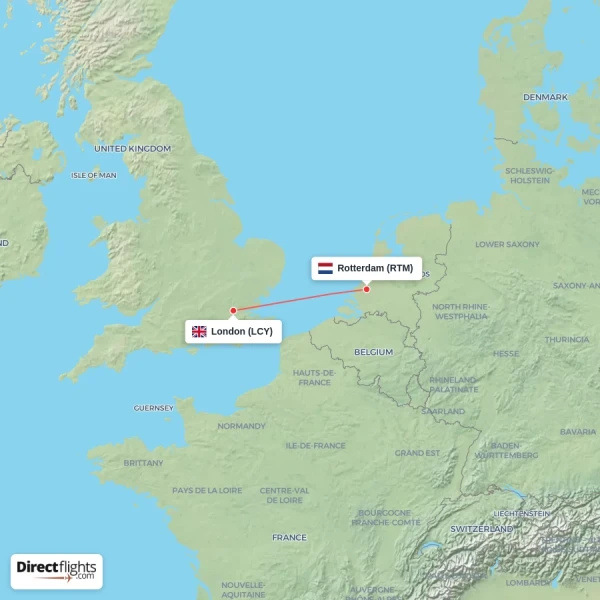 Rotterdam - London direct flight map
