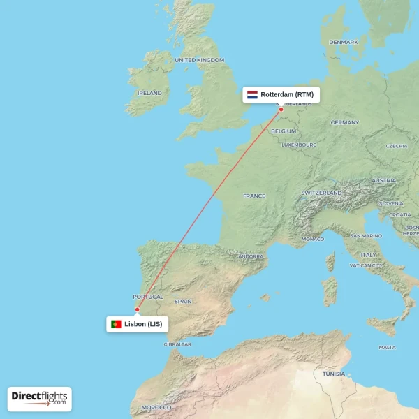 Rotterdam - Lisbon direct flight map