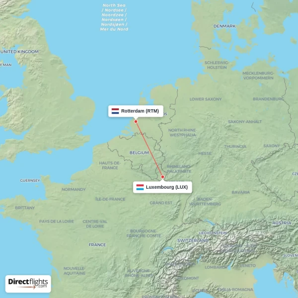 Rotterdam - Luxembourg direct flight map