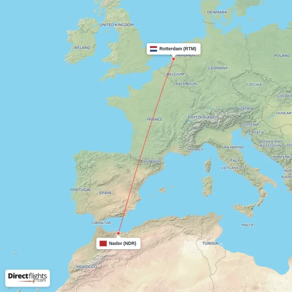Rotterdam - Nador direct flight map