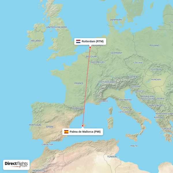 Rotterdam - Palma de Mallorca direct flight map
