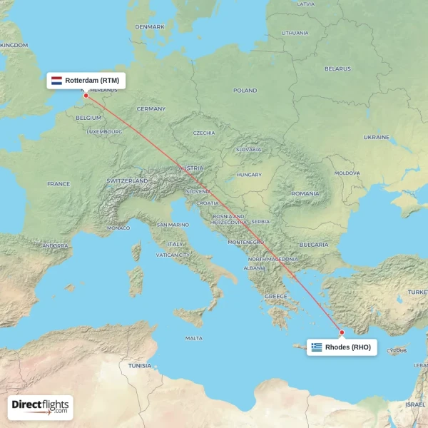 Rotterdam - Rhodes direct flight map