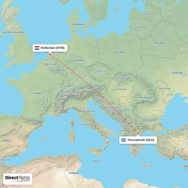 Rotterdam - Thessaloniki direct flight map