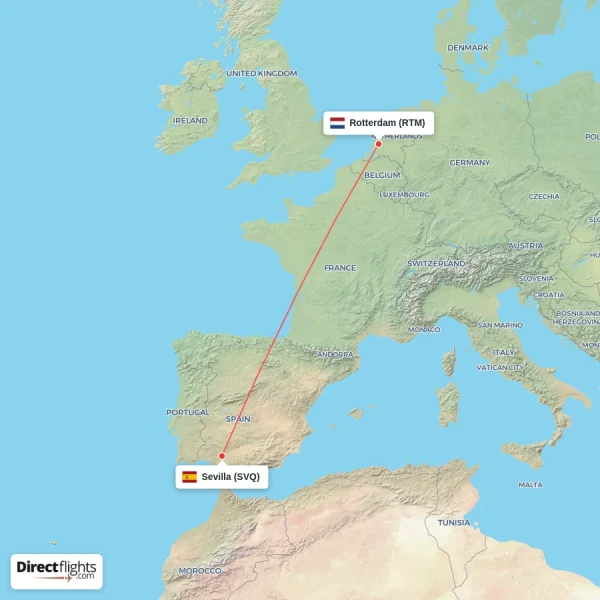 Rotterdam - Sevilla direct flight map