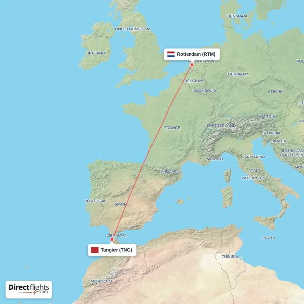 Rotterdam - Tangier direct flight map