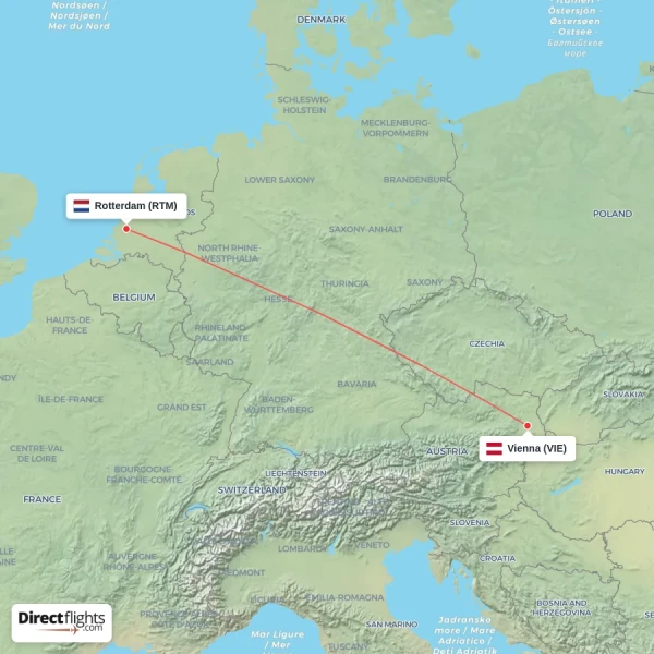 Rotterdam - Vienna direct flight map