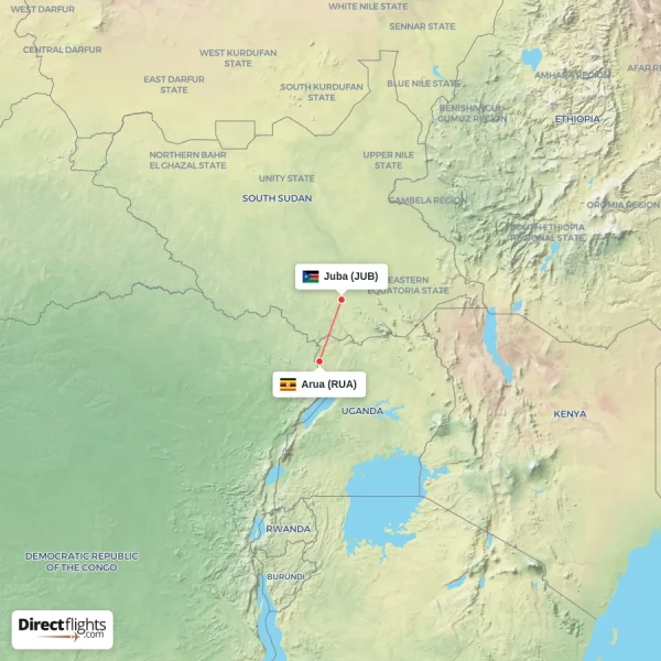 Arua - Juba direct flight map