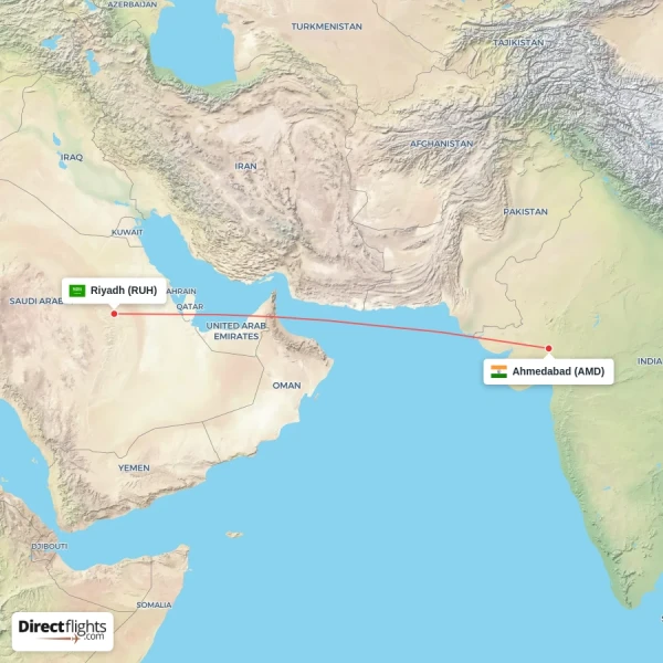 Riyadh - Ahmedabad direct flight map