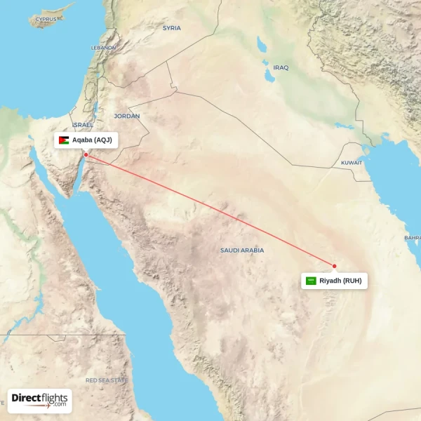 Riyadh - Aqaba direct flight map