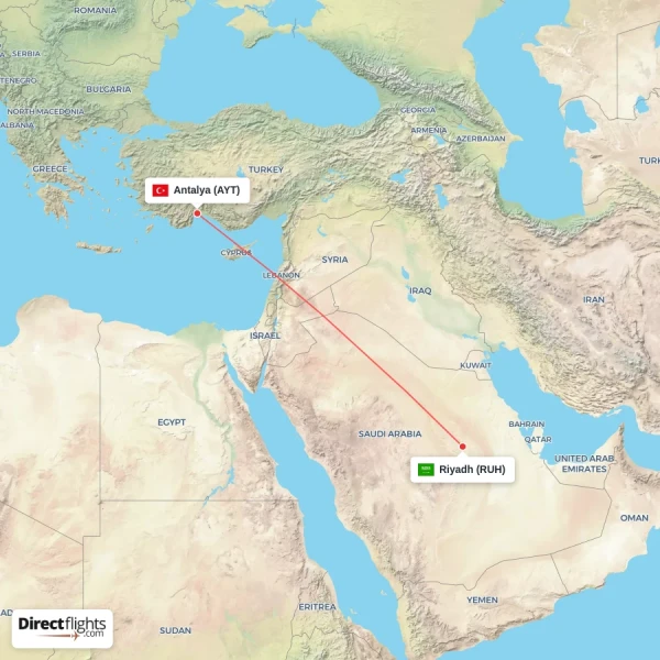 Riyadh - Antalya direct flight map