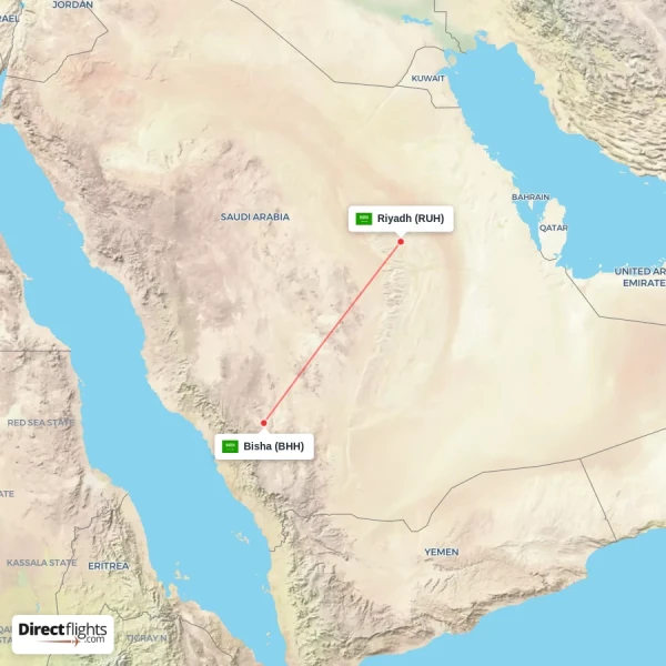 Riyadh - Bisha direct flight map