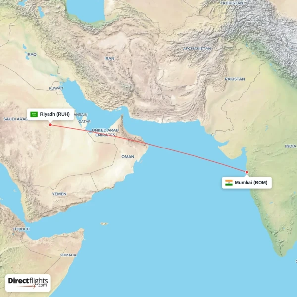 Riyadh - Mumbai direct flight map